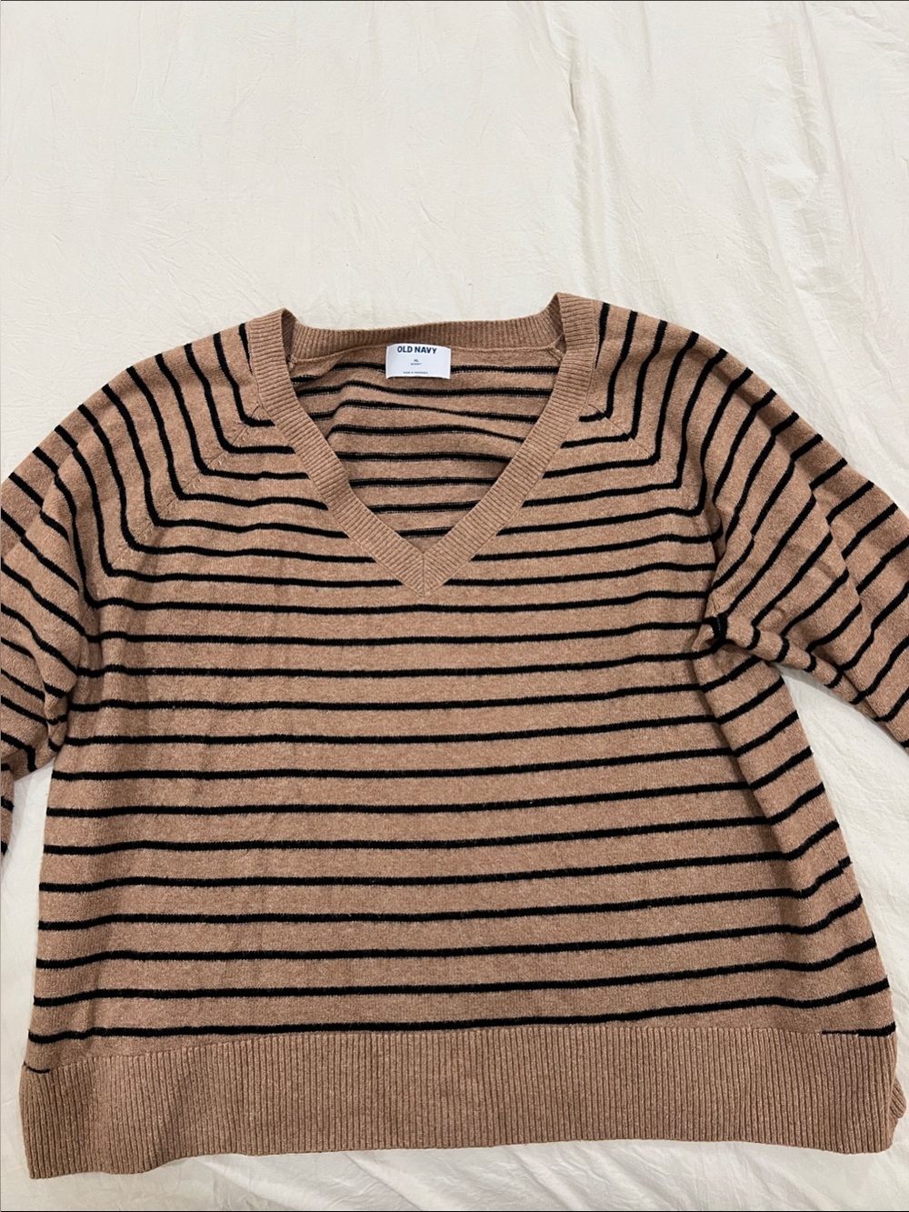 Old Navy Tan and Black Striped V-Neck Sweater